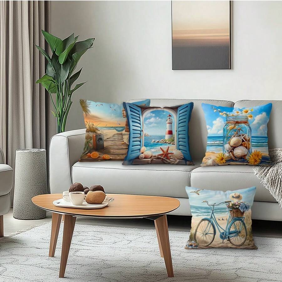 4pcs Beach & Seascape Printed Velvet Pillow Covers, 100% Polyester, Living Room Sofa Bedroom Decor, No Pillow Insert, 40x40cm/45x45cm/50x50cm - Beach and Seascape Theme - View 1