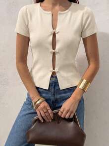 Marisole Women's New Style Round-Neck Short Buttoned Ribbed Slim Knit Sweater, Cute Y2K Casual Outing Vacation Beach Party Fashion Top, Spring Summer Fall - Apricot - View 4