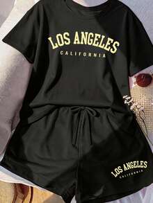 Women's Casual Round Neck Plus Size Los Angeles California Print Round Neck Drop Shoulder T-Shirt And Shorts Set, Suitable For Summer Wear Black Elegant - Black - View 3