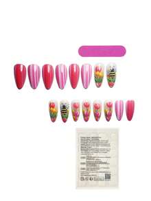 Almond-Shaped Pink Nail Polish With Floral & Bee Pattern, Glossy Finish, Medium Length - Pink - View 2