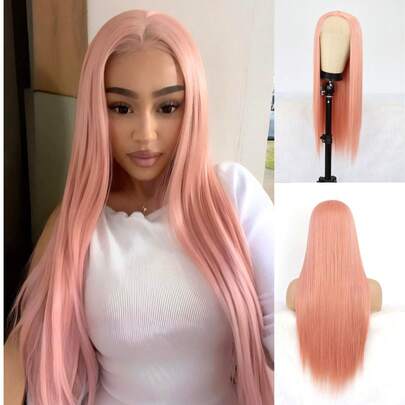SALLYWELL 24 Inch Pink Long Straight Synthetic Lace Front Wig 13x4 HD Lace Glueless Pre Plucked Baby Hair For Daily Party Concert