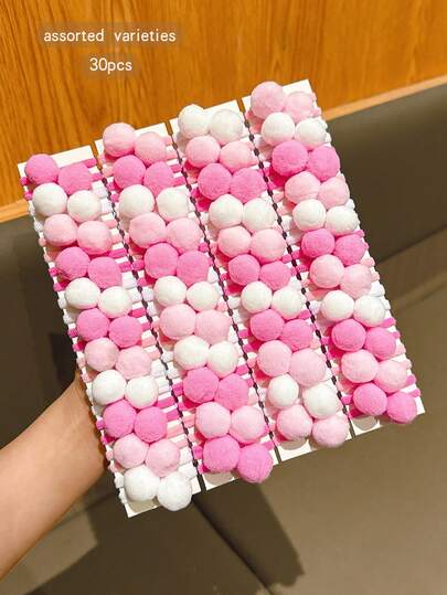 30pcs Colorful Fluffy Pom Pom Hair Scrunchies, Sweet Style Hair Accessories For Daily Use