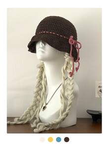 Handmade Crochet Bucket Hat, Versatile Knitted Wave Brim Bucket Hat, Breathable Yarn Hat With Bow, Cute Japanese Ins Style Knitted Bucket Hat For Women, Suitable For Face-Framing,Summer,Beach - Multicolor - View 9