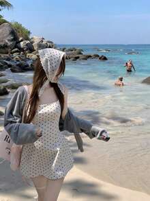 新款露背黑色波点杏色方领吊带连衣裙，收腰设计，浪漫优雅的春季女装 - 杏色 - 查看 3