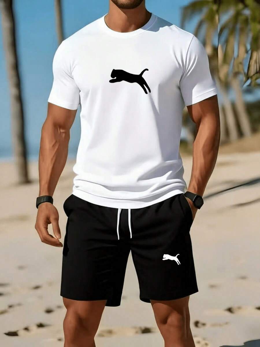 1pcMen's Fashionable Short-Sleeve Set: Summer Crew Neck Short-Sleeve T-Shirt + Casual Shorts, 2pcs Sportswear Set With Flying Leopard Pattern Heat Transfer Print, Breathable Short-Sleeve Top, Men's Casual Sportswear Set, T-Shirt + Shortssummer Tops Summer Clothes - trắng - Xem 1