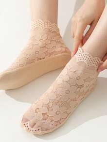 1/5/10 Pairs Women's Summer Solid Color Thin Socks, Lace Trim Transparent Mesh Sexy Socks, Soft & Comfortable - Multicolor - View 4