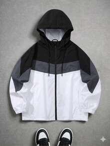 Driftmere Men's Autumn/Winter Contrast Color Drawstring And Zipper Closure Hooded Jacket - Black and White - View 3