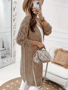 Casual Long Sleeve Solid Pointelle Knitted Cardigan - Button Front - Women's Clothing Spring - Khaki - View 3