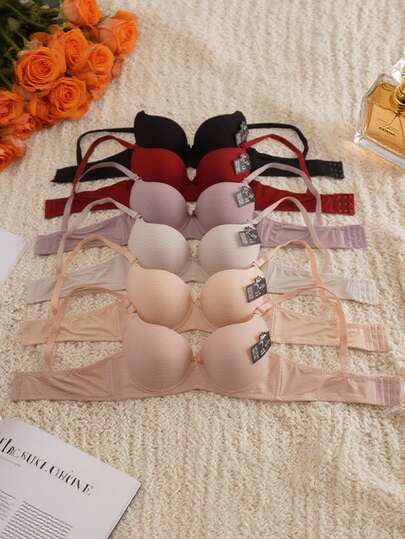 6 piezas sujetador de mujer , copa B, sujetador push-up, disponible en 6 colores, cómodas copas de masaje de copa completa, tirantes ajustables, cierre de tres ganchos, decoración de lazo, diseño de superficie rayada, sujetador push-up de color sólido sexy y cómodo.