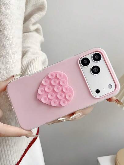1pc Pink Heart-Shaped Suction Cup Phone Case | Cute INS Style Creative Anti-Slip Protective Case (Installable And Self-Adhesive) | Shockproof Anti-Slip Scratch-Resistant Phone Case | Designed For IPhone 17 Pro Max | Suitable For IPhone 17/16/15/14/13/12/11 Series, S20-S25 Series, Note 14/13/12 Series And A56 5G | Ideal Valentine's Day/New Year Gift,International Version, Not The Domestic Version