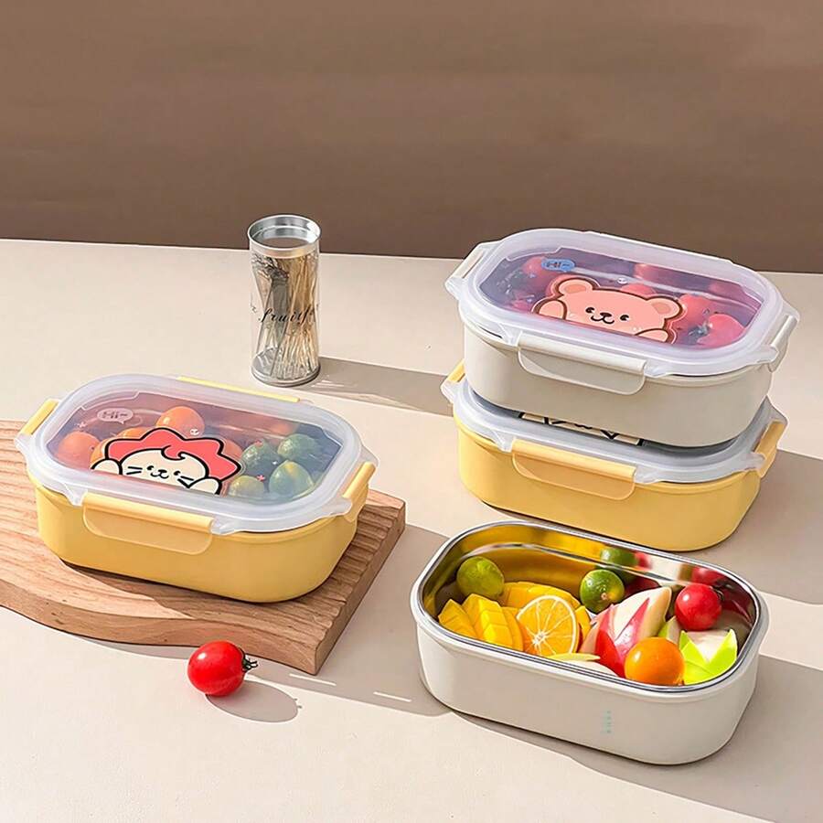 900ML 304 Stainless Steel Lunch Box With Cute Cartoon Pattern, Microwave Heatable & Leak Proof Fruit Salad Food Container, Refrigerator Fresh-Keeping Box With Lid, Portable Large Capacity Bento Boxe, Suitable For Student And Adult Use In School, Office, Outdoor Camping, Picnic, Travel,Back To School