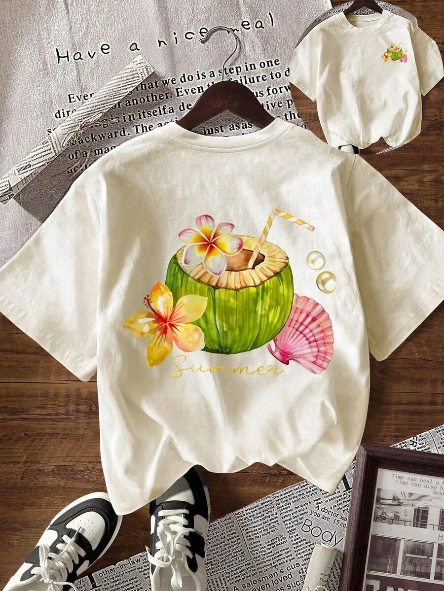 Women's Casual Loose Fit T-Shirt, Letter Print, Loose Fit, Round Neck, Short Sleeve, Summer - 杏子 3 - 查看 1