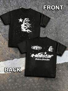 Hellstars Starry Night Flame Silhouette Vintage T-Shirt Double Sided Printed (220g 100% Cotton T-Shirt), Summer Clothes, Men's Tops, Casual And Comfortable, Fashionable Graphic Tee, Unisex Style - 黑色 - 查看 1