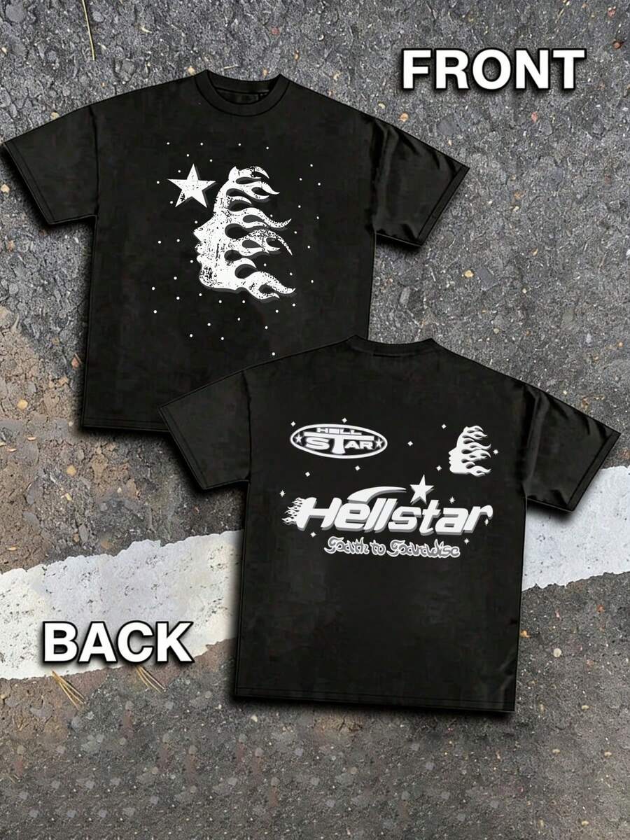 Hellstars Starry Night Flame Silhouette Vintage T-Shirt Double Sided Printed (220g 100% Cotton T-Shirt), Summer Clothes, Men's Tops, Casual And Comfortable, Fashionable Graphic Tee, Unisex Style - 黑色 - 查看 1