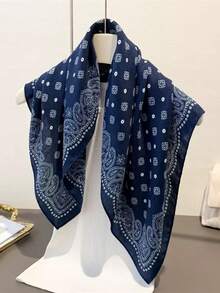 1条简约印花70厘米方形围巾，新款春季女士头巾，多功能腰带、头巾、时尚领巾 - 藏蓝色 - 查看 3