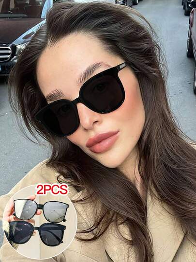 2副女士现代方形时尚眼镜，纯色聚碳酸酯镜框，时尚灰色和水银色镜片，适合户外活动，带眼镜盒