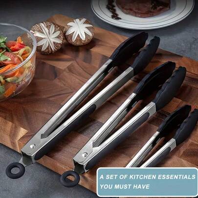 Silicone Kitchen Tongs - 3 Sizes Stainless Steel Handle Heat Resistant Cooking Tongs For Grilling, BBQ, Serving - Non-Stick Food Tongs With Hanging Loop