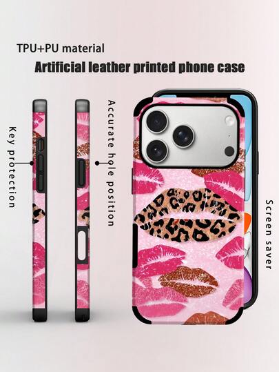 性感唇印图案手机壳，防震防尘，彩色印花图案，皮革粘合工艺，扬声器孔带声音放大器设计，适用于 17PM/16PM/15PM/17/16/15/14/13/12/11、Galaxy S22/23/24，四叶草花朵超柔软皮革
