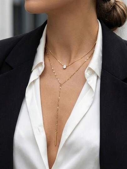 1件小众奢华水滴竖款吊坠双层性感多层锁骨链，百搭配饰，适合女性参加节日、送礼、约会、日常佩戴