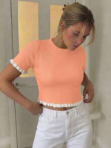 Women's Elegant Holiday/Graduation Ceremony Knit Top, Casual Short Sleeve Yellow Ruffle Hem Knit Pullover Summer - Coral Orange - View 5