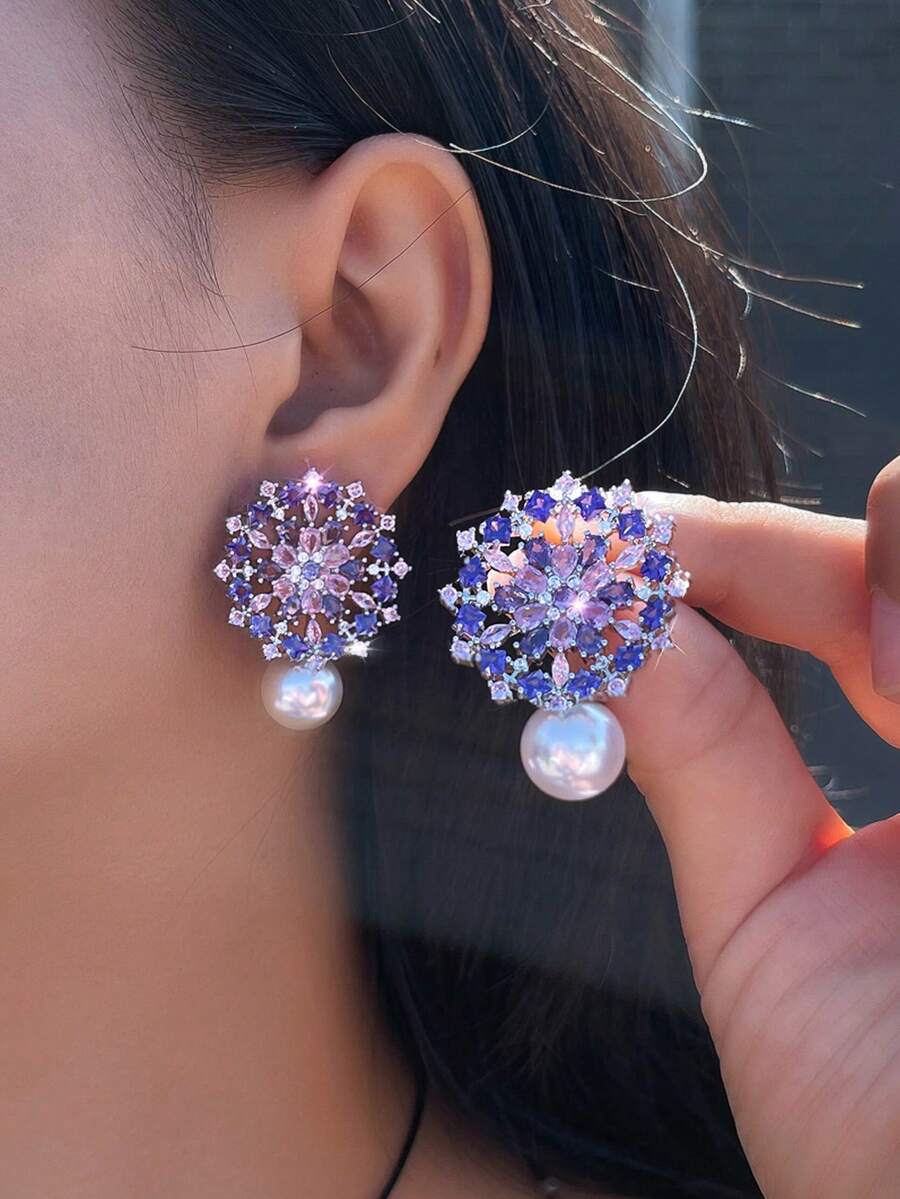 1 par de pendientes de gota con flor geométrica y perla, chapados en plata con circonita cúbica morada y rosa, joyería de CZ para boda, compromiso, baile de graduación, disfraz, accesorios para novias, damas de honor, uso diario