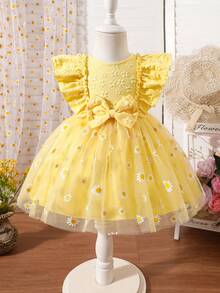 Đầm công chúa không tay cho bé gái, họa tiết hoa cúc jacquard ngọt ngào và dễ thương, chân váy lưới phồng với nơ và viền bèo nhún, lý tưởng cho mặc hàng ngày và đi nghỉ mát. - Màu vàng - Xem 1