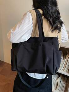 休閒極簡風可調式肩帶大容量單肩包/斜挎包/日常包，適合日常使用，適用於旅行、工作、購物、大學校園、通勤、上學等場合，適合女性、職場新人、白領、女孩、大學生、年輕女性，也適合藝術青年或學生，可收納書籍與購物物品，開學必備 - 黑色 - 查看 7