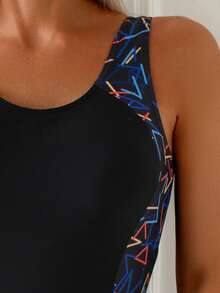 1pc Colorblock Casual Sports Racerback Swimsuit, Round Neck, With Removable Bra, Sports Style, Suitable For Swimming Competitions And Training, Surfing, Spring/Summer Vacation Beach Black - Black - View 4