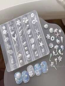 1个法式奶油色裙边美甲模具，3D硅胶模具，适用于树脂工艺品，哥特蛋糕蕾丝裙边奶油色条纹蝴蝶结图案；1个贝壳美甲模具，3D海洋风格贝壳和海星美甲硅胶模具，海洋主题美甲硅胶模具 - 彩色 - 查看 3
