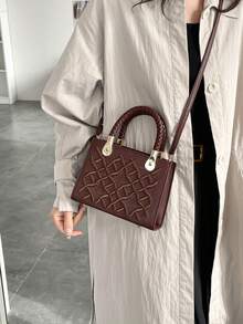 2026新款迷你压纹结构手提包，女士专用，优质PU皮革单肩包，饰有精致压纹图案和编织顶部提手，多功能双提手（顶部提手和可拆卸斜挎肩带） - 彩色 - 查看 7