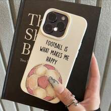 1pc TPU Material Pink & White Football Happy Text Pattern Phone Case Suitable For Apple 17 Pro Max/17/16 Pro Max/15/13/12/11, S20 FE/A15/S24/A55, Note 11/Note 12/Note 13 Pro, Full Coverage Anti-Drop Soft Protective Phone Cover - White - View 2