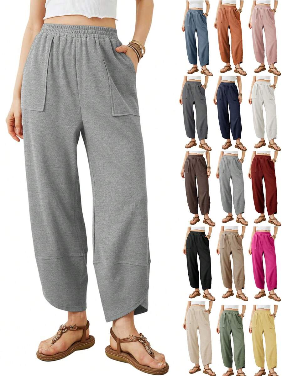 Women's Baggy Wide Leg Pants,Fall Cargo Pants With Paper Bag Waist,Cotton Loose Fit Palazzo Pants With Pockets - 淺灰色 - 查看 1