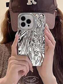 1 pieza Funda de teléfono con patrón de ondas plateado chapado en plata, diseño minimalista de silicona, compatible con iPhone 17 Pro Max. Funda protectora de silicona minimalista compatible con iPhone 15 Pro, 16 Pro Max, 13, 14 Plus, regalo de primavera - Plateado - Ver 1