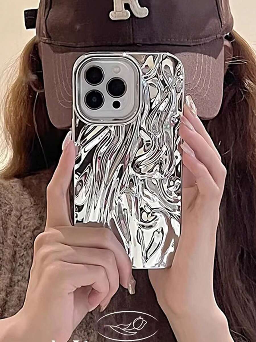 1 pieza Funda de teléfono con patrón de ondas plateado chapado en plata, diseño minimalista de silicona, compatible con iPhone 17 Pro Max. Funda protectora de silicona minimalista compatible con iPhone 15 Pro, 16 Pro Max, 13, 14 Plus, regalo de primavera - Plateado - Ver 1