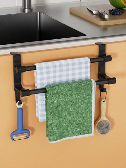 1PC Door-Mounted Towel Rack, Double-Bar Towel Rack, Suitable For Office Cabinets, No Drilling Required, Includes Hooks, Stainless Steel Towel Bars. Can Be Used On Desktops Or In Cabinets To Store Towels, Gloves, Sponges, Etc., A Space-Saving Office Storage Solution.
