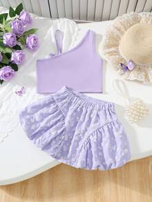 2pcs/Set Girls' Asymmetric Single Strap Bow Decor Top And Floral Bow Leg Ruffle Shorts Set, Suitable For 3-7 Years Old, Cute Minimalist Style For Spring/Summer - Mauve Purple - View 2