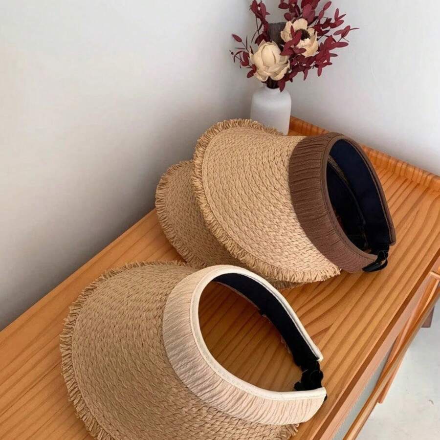 1顶透气防晒草帽，透明遮阳沙滩度假帽，宽檐夏季女士草帽 - 查看 1