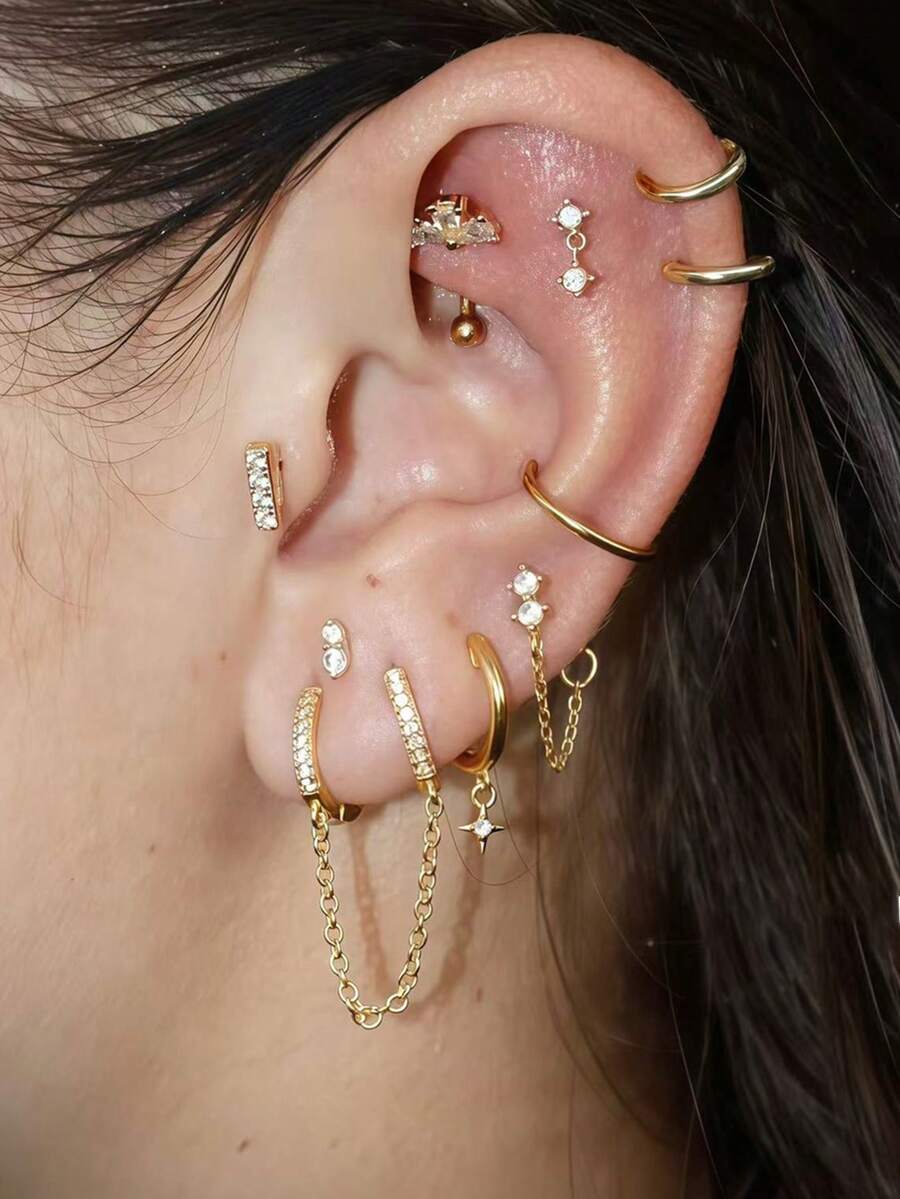Set Anting Rantai Zirkonia Kubik Elegan, Anting Berlapis yang Dapat Ditumpuk, Cocok untuk Pemakaian Sehari-hari Wanita, Kencan, dan Pesta - Yellow Gold - View 1