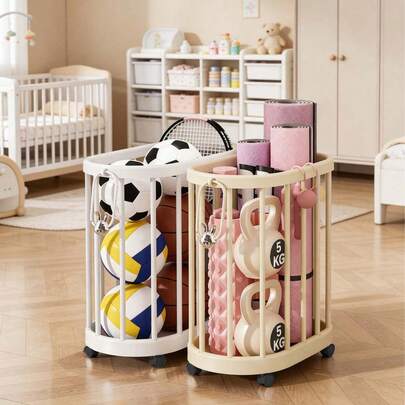 1 Giỏ đựng đồ có bánh xe - Thùng đựng đồ chơi và quần áo bằng nhựa bền chắc với 4 bánh xe và nắp hình mặt thú dễ thương, thích hợp cho phòng trẻ sơ sinh và phòng chơi, dễ dàng vệ sinh sàn nhà, quà tặng cho bé sơ sinh