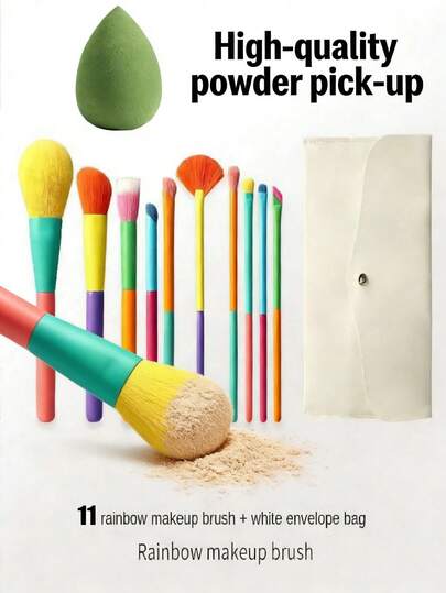 11件套超柔软多巴胺彩虹化妆刷套装，包含粉底刷、美妆蛋、眼影刷、腮红刷、眉刷和唇刷，附赠收纳袋，是送给朋友、生日、母亲节的绝佳礼物。