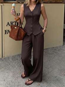 PoPoHouse 女士优雅两件套无袖纽扣背心宽松阔腿裤套装日常休闲夏季办公商务装度假外出装棕色女式套装 - 棕色 - 查看 4