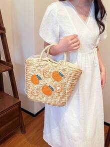 Summer Fruit Pattern Woven Tote Bag, Women Holiday Casual Handbag Suitable For Beach, Seaside, Vacation - Khaki - View 11