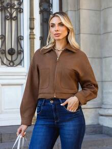 Faux Suede Bomber Jacket With Front Pockets - Coffee Brown - View 1