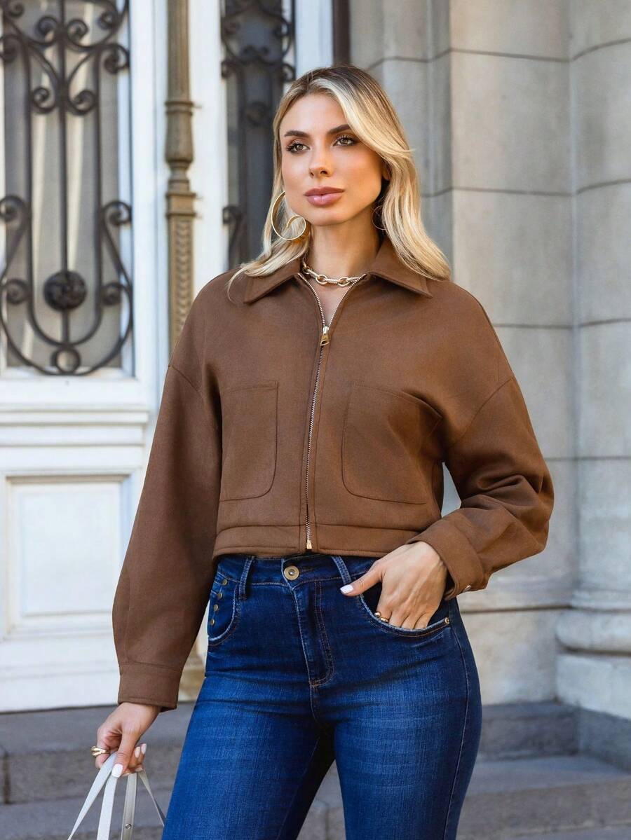 Faux Suede Bomber Jacket With Front Pockets - Coffee Brown - View 1