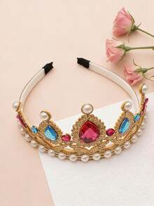 Women's Retro Faux Pearl & Gemstone Crown Headband, Birthday Party Costume Headpiece, Cosplay Headband, Women Costume Headwear - Gold - View 4