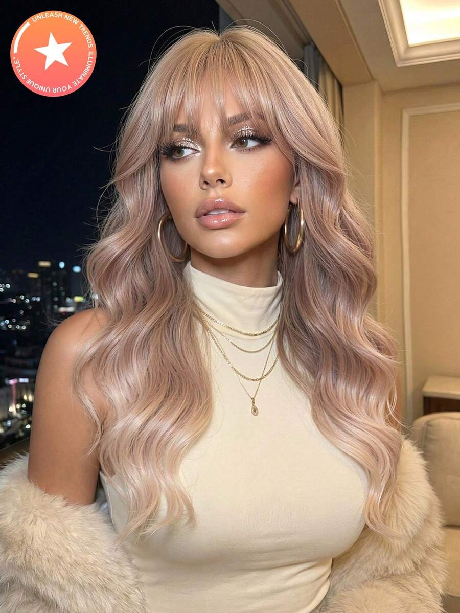 Coral Orange Chic 20inch Long Water Wave Synthetic Wig With Bangs - Heat Resistant, Natural Look For Women & Men - Perfect For Daily Wear & Halloween Parties - Màu Cam san hô - Xem 1