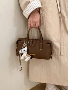 1pc Fashion New Women's Elegant Handbag, Shoulder Crossbody Bucket Bag, Minimalist Retro Solid Color PU Pleated Texture Metal Decor Double Zipper Closure With Personalized Pendant, Suitable For Travel, Shopping, Dating - Brown - View 7