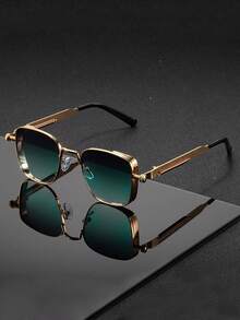 1 Pair Of Men's Black And Gold Spring Temple Square Sunglasses, Made Of Metal, With UV400 Protection, Steampunk Industrial Style, Suitable For Street Wear - Multicolor - View 3