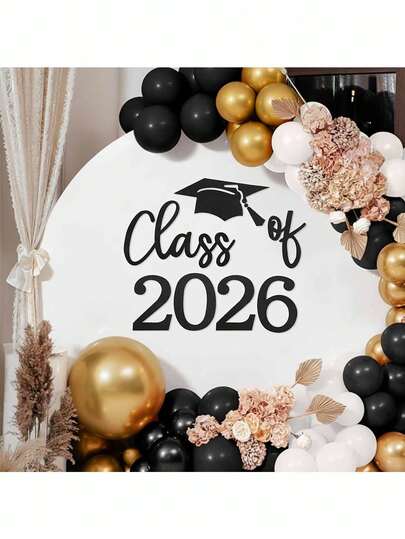 7件套2026届毕业黑色毛毡墙饰及标牌 - 毕业派对装饰。“祝贺2026届毕业生”字母横幅，用于毕业庆祝活动。毕业派对气球拱门背景装饰材料（不含气球）。