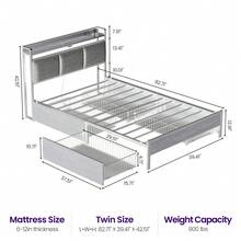 GREENSTELL Bed Frame Twin Size With Charging Station And LED Lights, Upholstered Storage Headboard With Drawers, Heavy Duty Metal Slats, No Box Spring Needed, Noise Free, Easy Assembly, Bedroom Deroc - Dark Grey - View 5